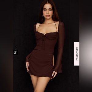 CHOCOLATE CHIFFON CUTOUT HALTER MINI DRESS. S with large cups